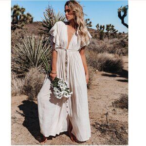 Talulah Chic Bamboo Cream Maxi Dress with Ruffle Sleeves, Medium